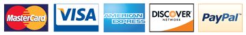 MasterCard, Visa, American Express, Discover, and Paypal accepted.